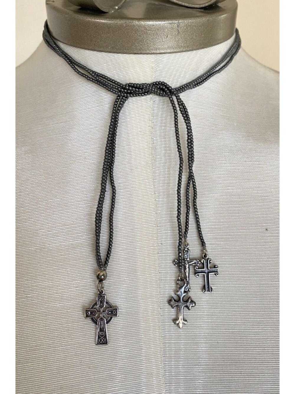 3 Strand Hematite Lariat Necklace 4 Sterling Crosses 22" + Crosses